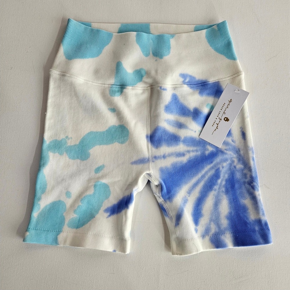 Spiritual Gangster Biker Short Women M/L Blue White Tie Dye Ribbed Seamless Yoga
